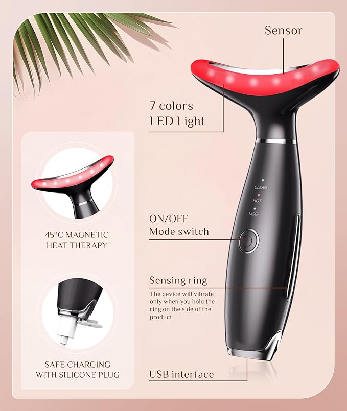 7 Color Galvanic Machines - Red Light Therapy for Face and Neck, Face Massager Tool for Wrinkles, Double Chin, Vibrating Facial Massager with Thermals, Black-CasaMuseHome