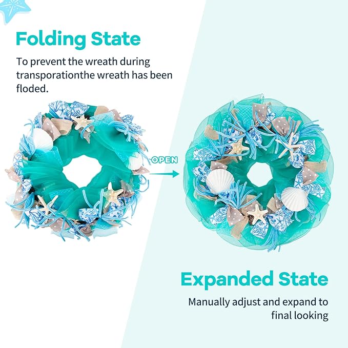 26 Inch Coastal Seashell Large Wreath with Natural Starfish & Scallops Shell, Lake Blue Beach Style Front Door Wreath with for Spring Summer, Farmhouse Rustic Indoor Outdoor Home Wall Wedding Decor-CasaMuseHome