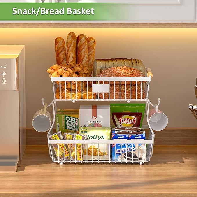 2 Tier Fruit Basket for Kitchen Counter with 2 Banana Hangers, Countertop Metal Fruit Bowl with Wooden Handle, Large Storage Stand for Vegetables, Snacks, Breads, Produce Storage – White-CasaMuseHome