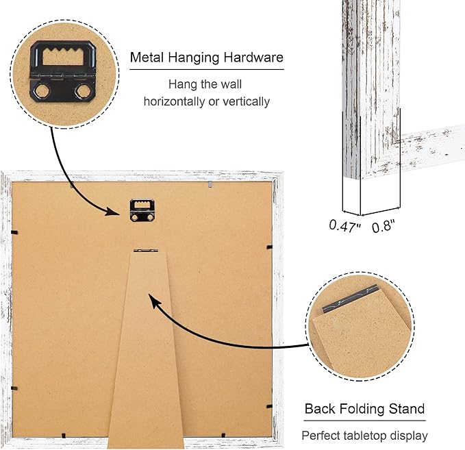 12x12 Picture Frame Set of 4, 12 x 12 Wood Photo Frames with Mat for 10x10 or 30x30cm Diamond Painting Art, Wooden Frame with Real Glass Cover for Wall and Tabletop Display,Distressed White-CasaMuseHome