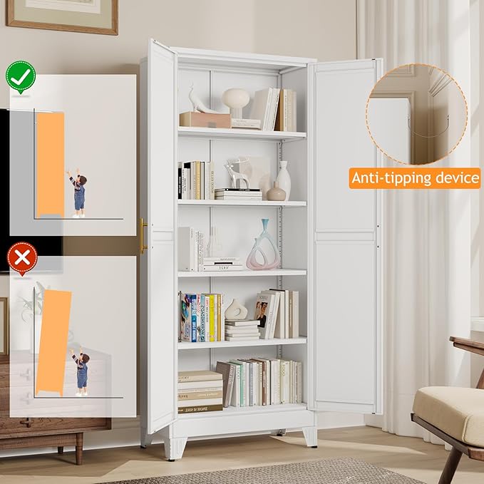 71" Tall Metal Pantry Storage Cabinet with Doors and 4 Adjustable Shelves, White Kitchen Food Pantry Cabinets, Tall Freestanding Cupboard for Kitchen, Dining Room or Living Room-CasaMuseHome