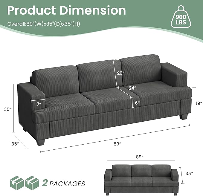 3 Seater Corduroy Couch for Living Room, 89” Black Cloud Sofa, Deep Seat Floor Couch for Bedroom, Futon Modern Sofa Sectional Bed, Black Corduroy-CasaMuseHome