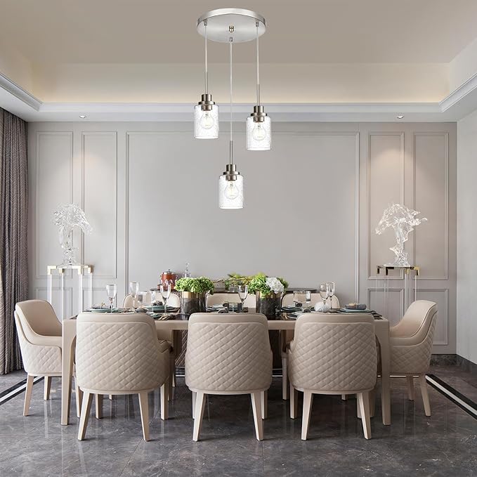3-Light Contemporary Pendant Lighting with Clear Seeded Glass,Brushed Nickel Dining Room Chandelier Light Fixture Modern Kitchen Island Cluster Hanging Ceiling Pendant Lights for Sink Bar-CasaMuseHome
