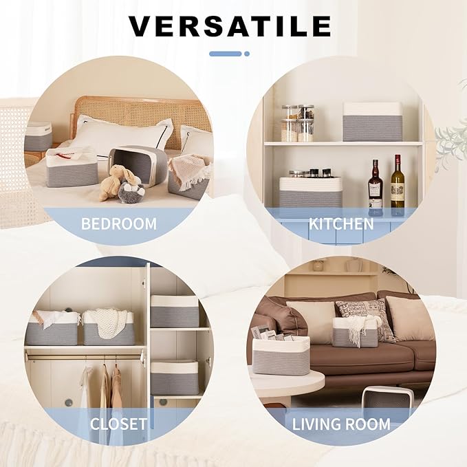 4 Pack Storage Baskets for Organizing, Woven Baskets for Shelves - Perfect for Toys, Books, Towels, and Clothes, Durable Gift Basket Bins Toy Storage, 12.7''L x9''W x7.8''H, Grey and White-CasaMuseHome