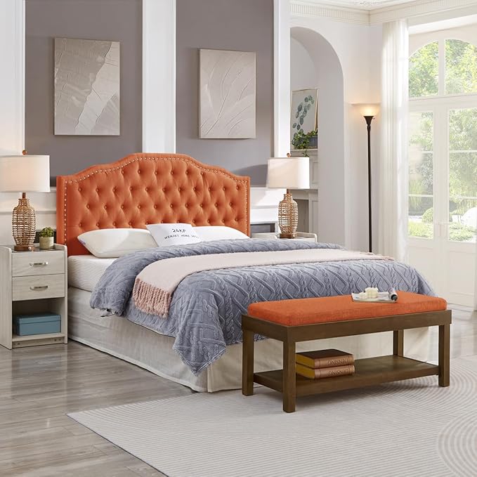 24KF Upholstered Button Tufted Queen Headboard with Nailhead Trim, Elegant Boucle Fabric Full headboard, 6031-Q-Boucle-Orange-CasaMuseHome