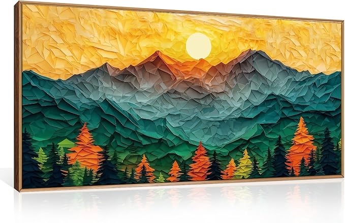 Abstract Sun Mountain Framed Canvas Wall Art Set, Forest Pine Tree Golden Sunset Wall Decor, Mixed Patchwork Landscape Art Print for Living Room, Bedroom, Dining Room, Office - 20"x40"-CasaMuseHome