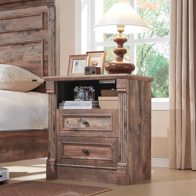 26" Tall Farmhouse Nightstand, 2 Drawers End Table w/Charging Station, 23.6" Wide Large Side Table w/Roman Column, Wood Rustic Sofa Table w/Open Shelf, Bedside Table for Bedroom, Light Brown-CasaMuseHome