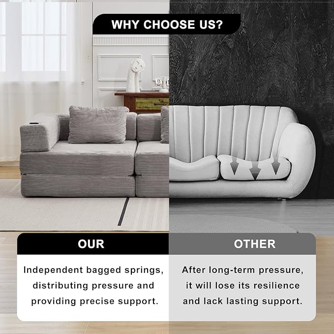 78" W Loveseat Sofa, 4 in 1 Convertible Floor Sofa Bed, Boneless Cloud Couch with Cup Holder, Fold Out Floor Couch, Loveseat Recliner Sleeper for Living Room Bedroom Lounge(Corduroy, White)-CasaMuseHome