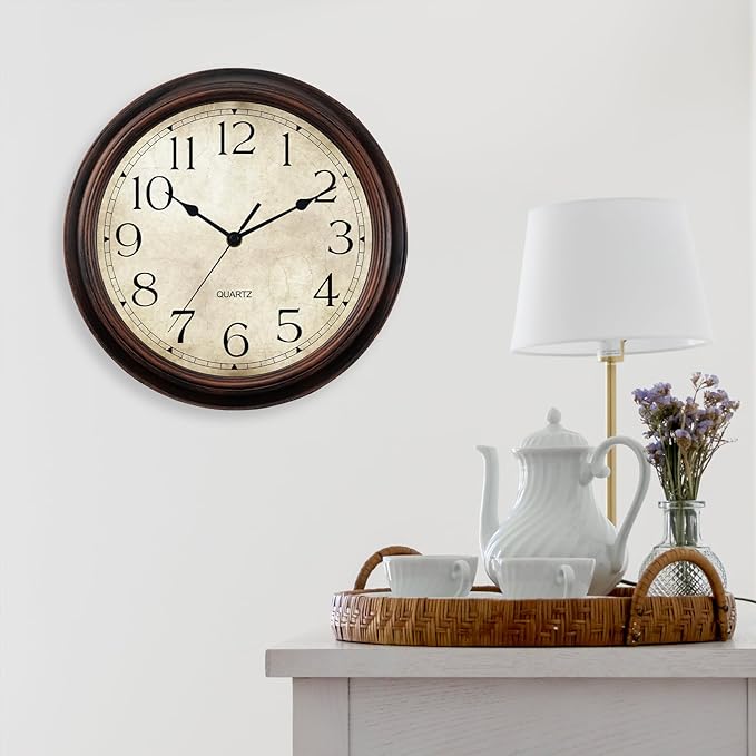 12 Inch Wall Clocks Battery Operated Silent Non-Ticking Analog Wall Clock Vintage Retro Rustic Style Decorative for Living Room Kitchen Home Office(Bronze)-CasaMuseHome