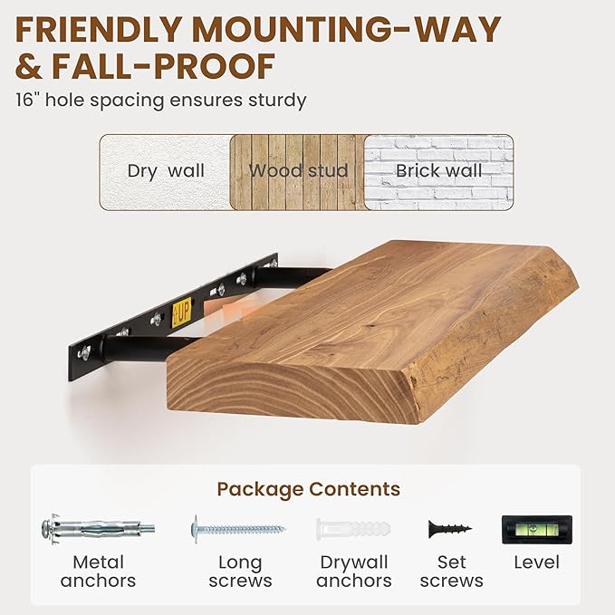55" Floating Shelves, Live Edge Elm Wood Floating Shelf for Wall, Wall-Mounted Display Shelves with Invisible Heavy-Duty Bracket, Long Floating Shelf for Bathroom, Kitchen, Living Room, Natural Color-CasaMuseHome