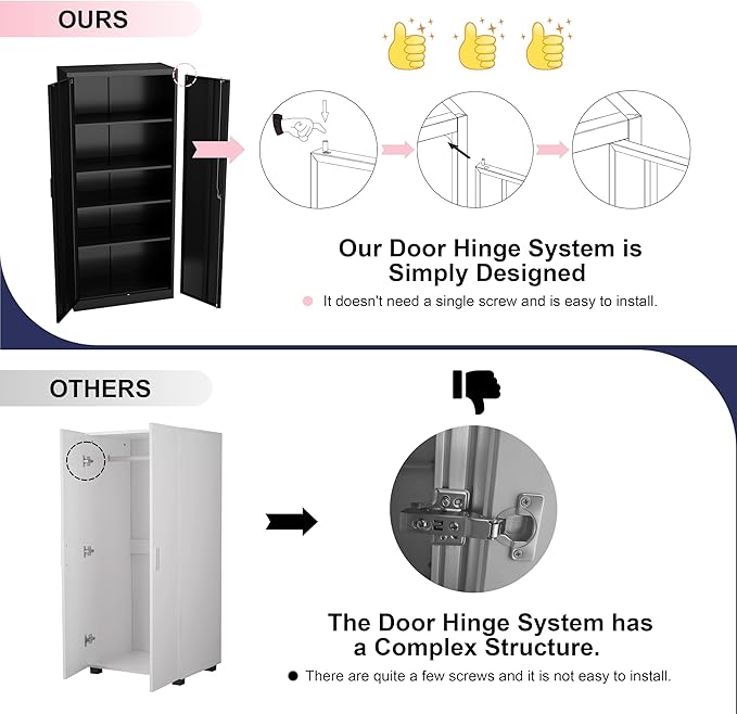 71" Garage Storage Cabinets with Lock, Cabinets with Doors and Shelves, Kitchen Pantry Cabinet, Metal Cabinet for Office, Garage, Shop, School, Assemble Required, Black-CasaMuseHome