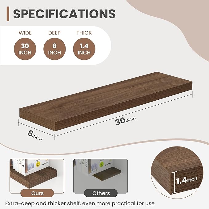 30 Inch Floating Shelves, 8 Inch Deep Floating Shelves for Wall, Hanging Shelf with Invisible Brackets, Deep Shelves for Bathroom, Bedroom, Living Room, Walnut, Set of 2-CasaMuseHome