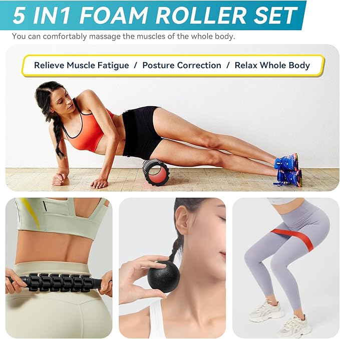 5 in1 Foam Roller Set, High Density Deep Tissue Massager for Muscle Massage, Massage Roller, Massage Ball, Resistance Band for Whole Body Physical Therapy Deep Muscle Massage (Purple)-CasaMuseHome