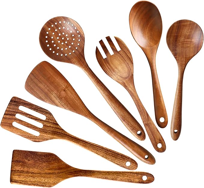 7 Pcs Acacia Wood Cooking Utensils Set Large Wooden Spoons for Cooking Spatula Salad Mixing Spoon Non Toxic Utensil for Kitchen Use Spatulas Non Stick Turner Slotted Serving Spoon Kitchen Utensils-CasaMuseHome