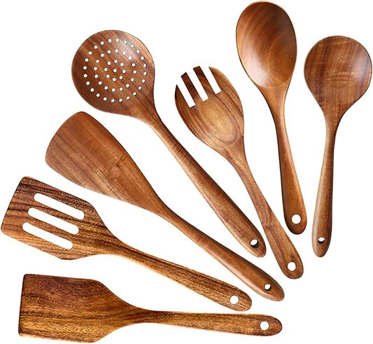 7 Pcs Acacia Wood Cooking Utensils Set Large Wooden Spoons for Cooking Spatula Salad Mixing Spoon Non Toxic Utensil for Kitchen Use Spatulas Non Stick Turner Slotted Serving Spoon Kitchen Utensils-CasaMuseHome