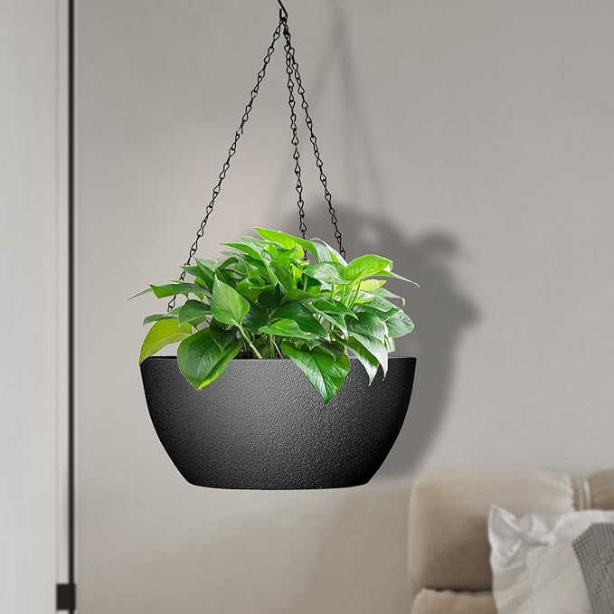 13 inch Large Hanging Planters Plant Pots for Outdoor Indoor Plants with Drainage Holes and Chain, 2 Pack Round Hanging Flower Pots for Garden Home Porch Decor, Black-CasaMuseHome