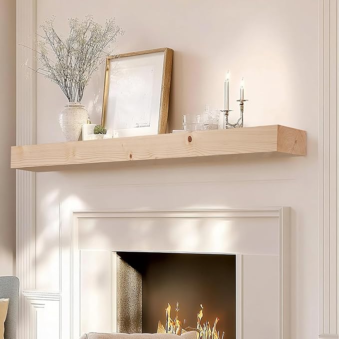 72x7x3 Fireplace Mantel - Solid Rustic Wood Wall Mounted Floating Shelf - DIY Color - with Invisible Heavy Duty Steel Bracket-CasaMuseHome