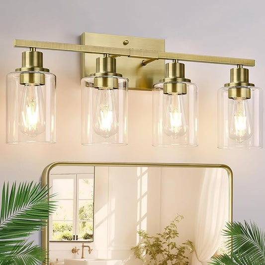 4 Light Bathroom Light Fixtures, Brass Vanity Lights for Bathroom with Clear Glass Shades, Modern Bathroom Wall Sconces for Mirror Living Room Cabinet-CasaMuseHome