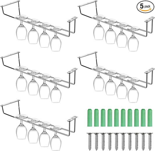 5 Pack Wine Glass Rack Stainless Steel Wine Glass Holder, 14inch Hanging Stemware Rack for Bar Kitchen Cabinet-CasaMuseHome