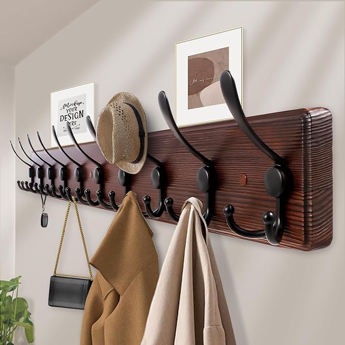 38.6'' Large Coat Rack Wall Mount Coat Hooks Coat Hanger with 10 Metal Black Triple- Hooks Brown Pine Real Wood Plank Hat Rack for Wall Hooks for Hanging Coat Hat Jacket-CasaMuseHome