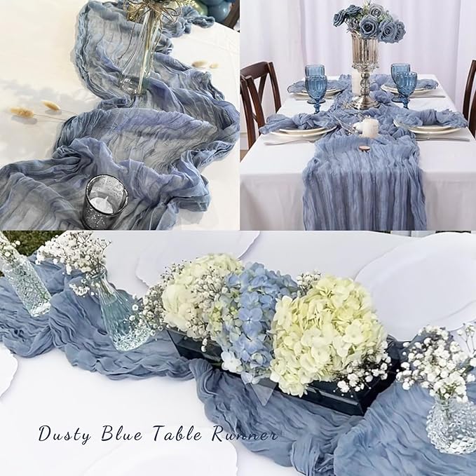6 Pack Dusty Blue 10FT Cheesecloth Table Runner Rustic Gauze Fabric Cheese Cloth Table Runner for Wedding Bridal Baby Shower Table Decor 20 x 120 Inch Long Boho Sheer Birthday Party Table Decorations-CasaMuseHome