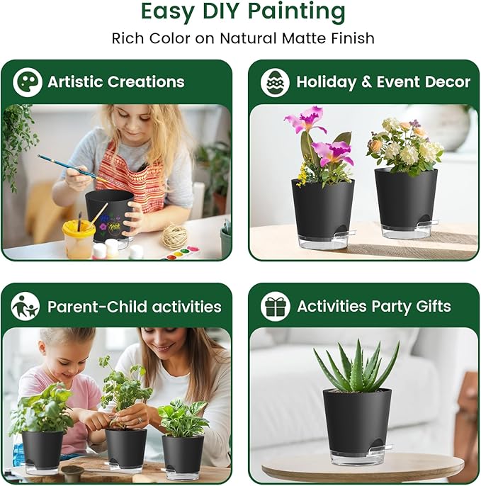 4 inch Self Watering Pots for Indoor Plants, 5 Pack Small Flower Plant Pots with Drainage Holes and Clear Reservoirs, Visible Water Level, Plastic Planters with Wicking Rope, Black-CasaMuseHome