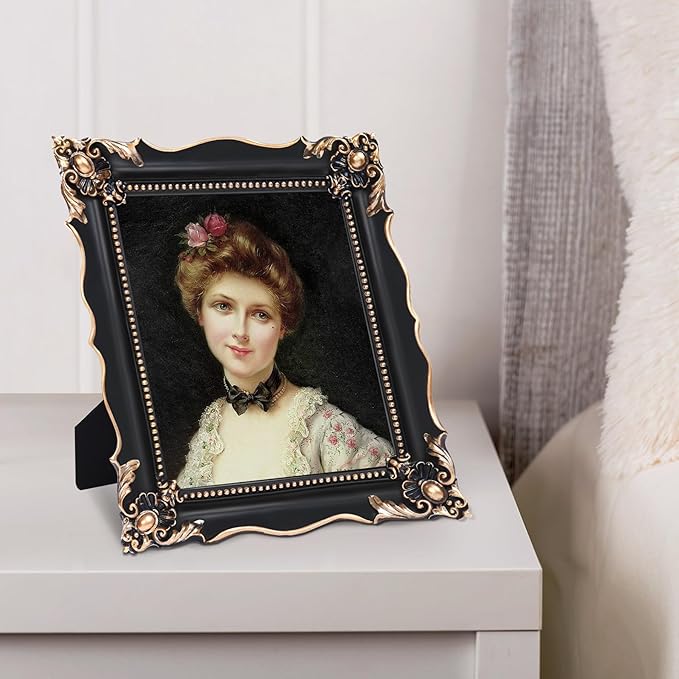 8x10 Vintage Picture Frame with Embossed Flower Design, Black Ornate Frame for 8x10 or 5x7 Pictures with White Mat, Hand-Crafted Resin Antique Frames for Tabletop & Wall Hanging, Home Decor (Black)-CasaMuseHome