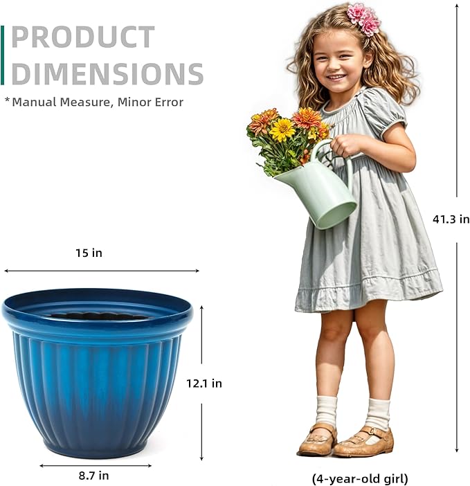 15" H Large Flower Pots, Set of 2 Plastic Planters for Outdoor Plants with Gradient Blue Finish and 3D Textures, Weather-Resistant for Porch, Garden, Patio or Indoor Use-CasaMuseHome