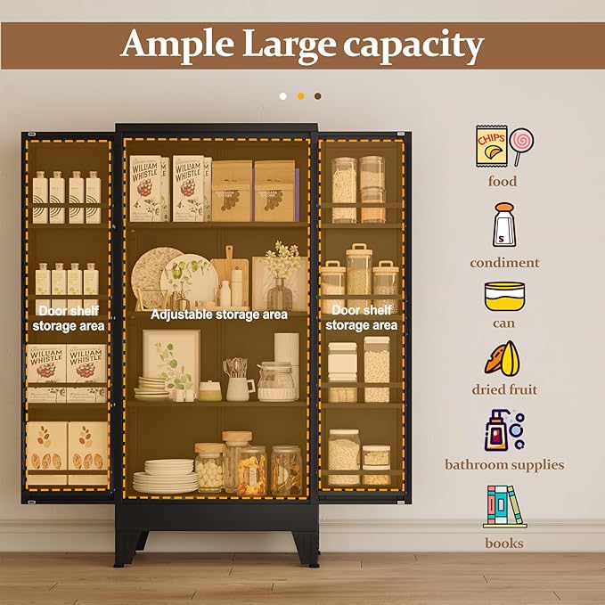 51" Metal Kitchen Pantry Cabinet, Storage Cabinets with 2 Door and 3 Adjustable Shelves, Black Freestanding Food Storage Cabinet, Steel Cupboard for Kitchen Dinning Room-CasaMuseHome