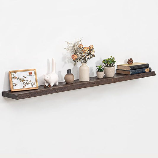 55 Inch Floating Shelves, Live Edge Elm Wood Floating Shelf for Wall, Wall-Mounted Display Shelves with Invisible Heavy-Duty Bracket, Long Floating Shelf for Kitchen, Living Room, Walnut Finish-CasaMuseHome