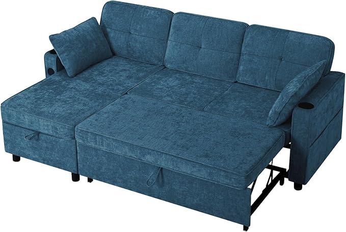 84 Inches Chenille Sectional Sofa w/Pull-Out Sofa Bed & Adjustable Back, Tufted L-Shaped Couch w/Storage Chaise, Sleeper Sectional Sofa w/USB Port & Cup Holders for Living Room, Blue-CasaMuseHome
