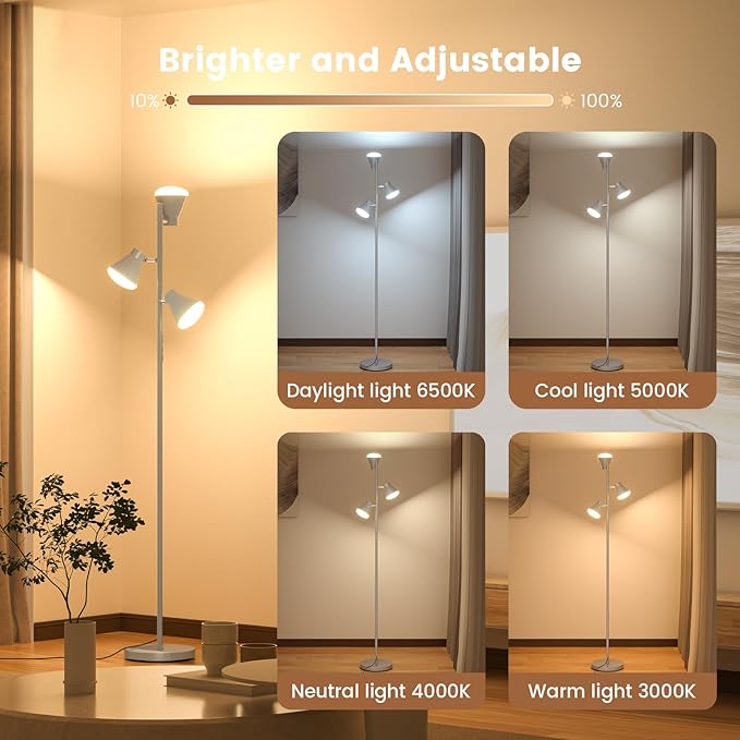 36W LED Tree Floor Lamp, Dimmable Tall Standing Lamp with Remote & Touch Control, 4 Color Temperatures Bright Floor Lamp, 3 Rotatable Light Modern Floor Lamps (Silver Gray)-CasaMuseHome