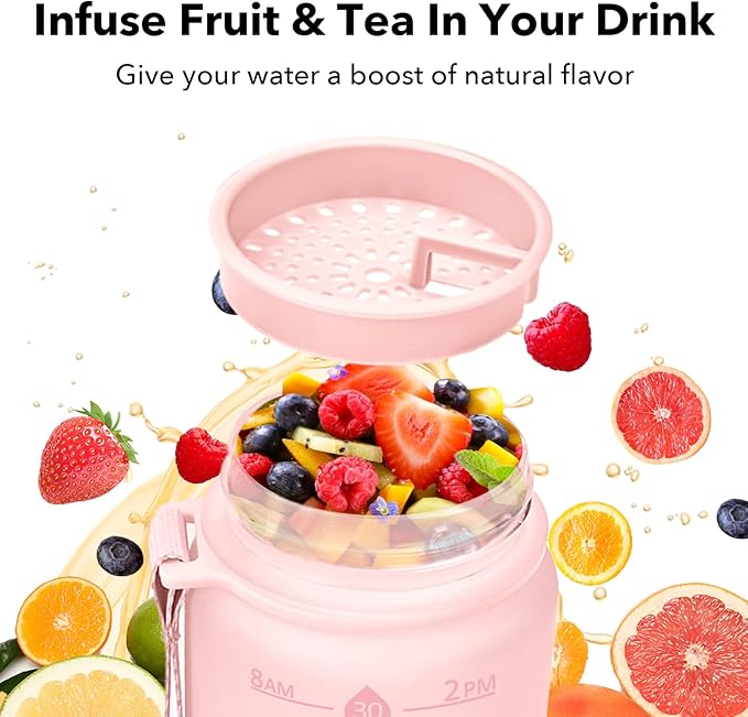 32oz Motivational Water Bottles with Time Marker & Fruit Strainer, Transparent Gradient Color Water Bottle with Times to Drink, Leakproof & BPA Free, Reusable Bottle with Strap (No Straw)-CasaMuseHome