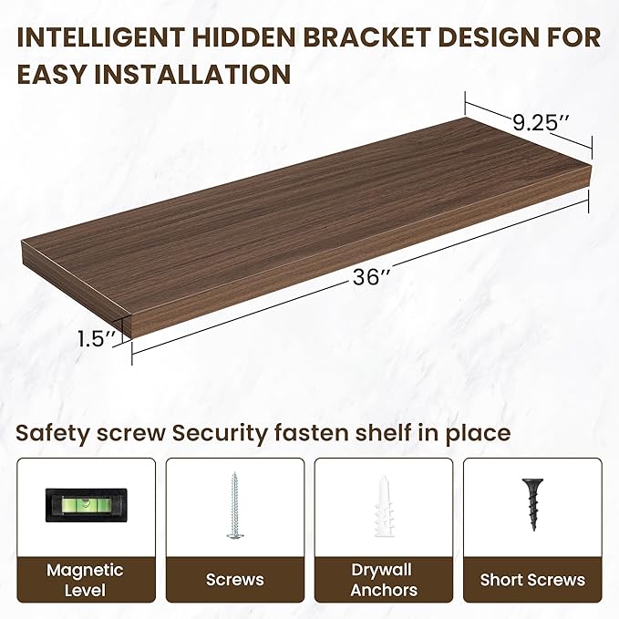 36 Inch Floating Shelves, 12 Inch Deep Floating Shelves for Wall, Floating Shelf with Invisible Brackets, Deep Shelves for Bathroom, Bedroom, Living Room, 2 Pack, Walnut-CasaMuseHome