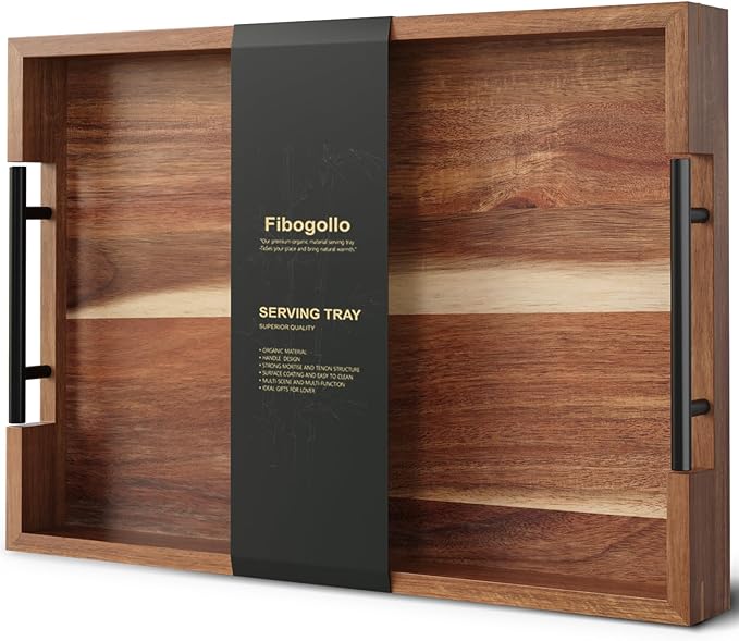 Acacia Wood Serving Tray with Metal Handles,17x12in Ottoman Decorative Trays Platter for Coffee Table,Living Room,Bar,Party(Large)-CasaMuseHome