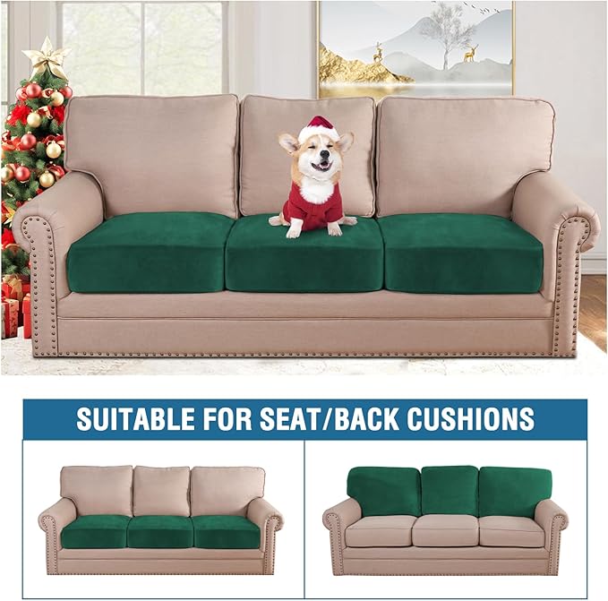 H.VERSAILTEX Velvet Stretch Couch Cushion Cover Plush Cushion Slipcover Cushion Furniture Protector Seat Cushion Sofa Cover (3 Piece XL Sofa Cushion Covers, Vintage Green)-CasaMuseHome