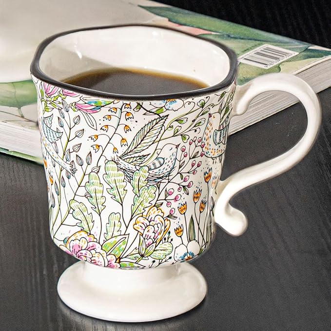 360ml -12.17oz Painted Garden floral Ceramic Mug - Cute Espresso Latte Shot Cup - Gift for Women, Dishwasher Safe-CasaMuseHome