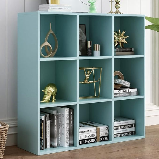 9-Cube Storage Shelf Bookcase - Wooden 3-Tier Floor Standing Open Bookshelf for Home and Office, Display Cabinet, Light Blue-CasaMuseHome