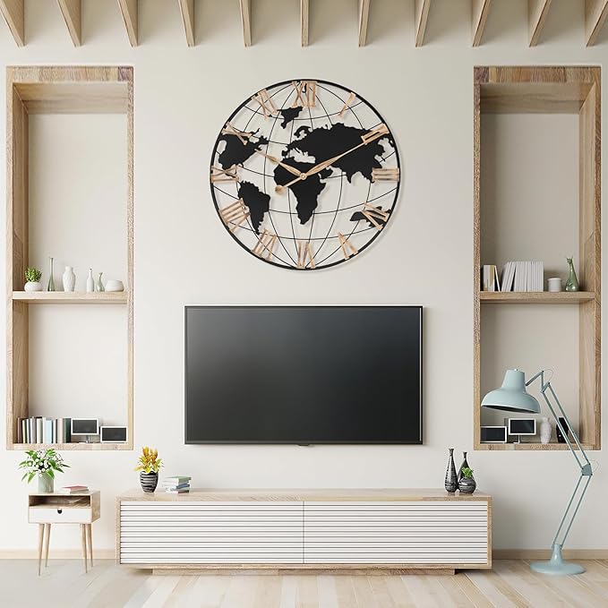 30 Inch Extra Giant Large Wall Clock Oversized,Black Big Metal Modern Decorative Silent World Map Wall Clock with Vintage Gold Roman Numeral for Office,Living Room,Kitchen,Dining Room Decor-CasaMuseHome