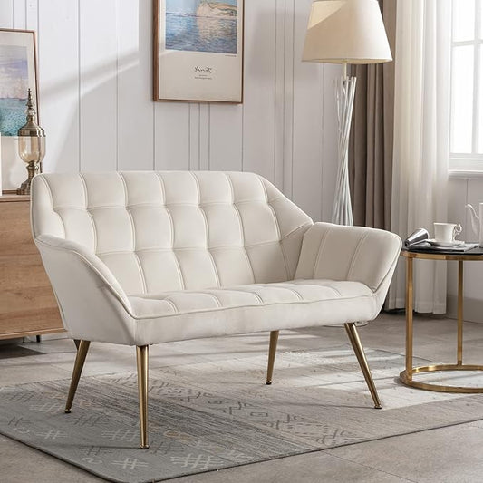 48" Small Loveseat for Small Spaces, Modern Sherpa Mini Sofa Couch 2-Seater Velvet Love Seat with Quilting Back and Gold Legs for Living Room/Bedroom, Cream-CasaMuseHome