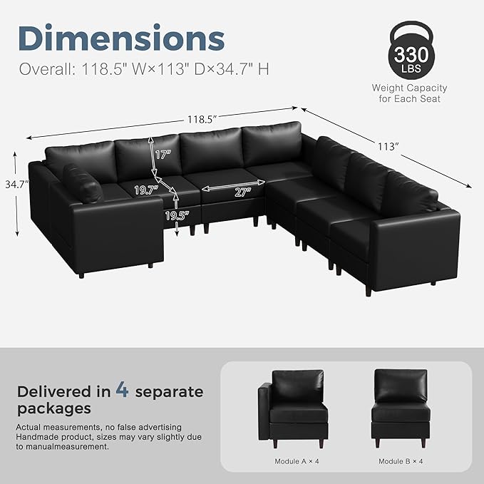118.5" Faux Leather Modular Sectional Sofa, U Shaped Couch Set for Living Room, Large 8-Seater Comfy Cloud Couches with Storage Seat DIY Combination - Black-CasaMuseHome
