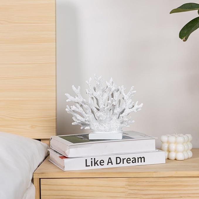 5.8" H White Coral Decor, Resin Coral Statue, Nautical Decorations for Home, Bedroom, Bathroom, Living Room, Beach/Coastal/Ocean Themed Cabinet Shelf Tabletop Decor-CasaMuseHome