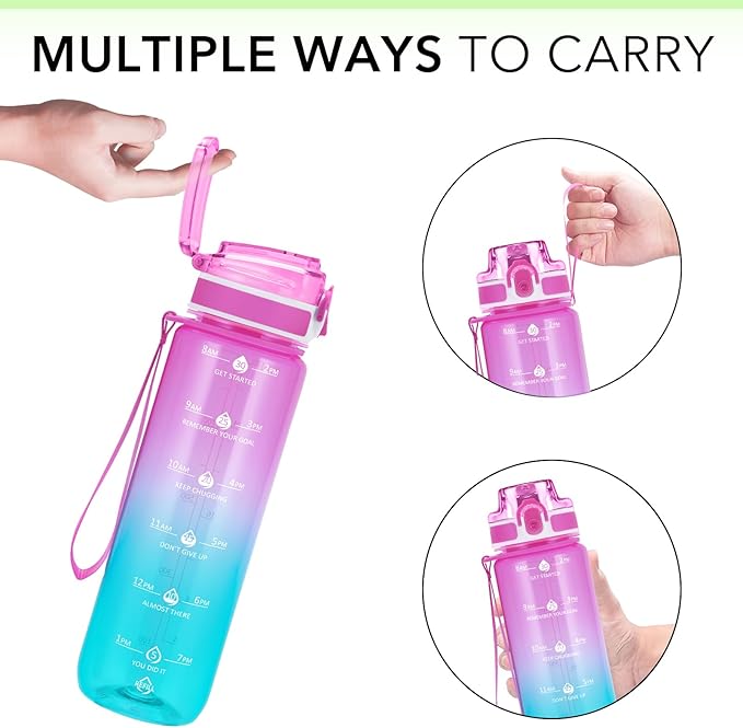 32oz Motivational Water Bottles with Time Marker & Fruit Strainer, Transparent Gradient Color Water Bottle with Times to Drink, Leakproof & BPA Free, Reusable Bottle with Strap (No Straw)-CasaMuseHome