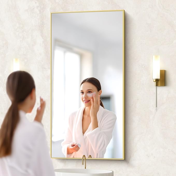 48x24In Gold Bathroom Mirror for Wall, Brushed Gold Rectangle Mirrors with Metal Frame, Bathroom Rectangular Mirror Modern Wall Mirror for Bedroom Living Room, Hangs Horizontal or Vertical-CasaMuseHome