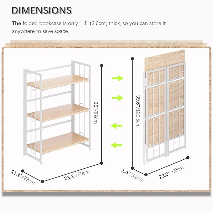 4NM No Assembly 3 Tiers Folding Bookshelf, 35" H Foldable Storage Shelves Vintage Bookcase Standing Racks Study Organizer Home Office - Natural White-CasaMuseHome