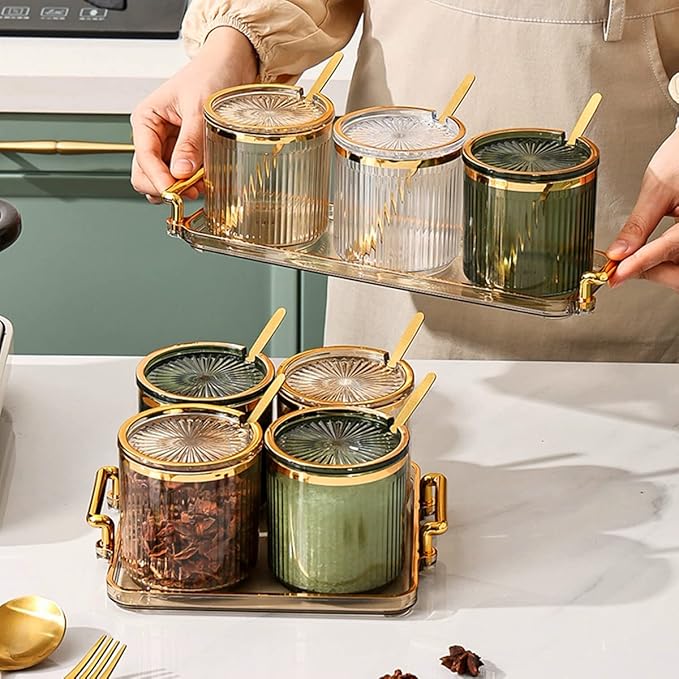 Acrylic Condiment Spice Jars,Condiment Spice Box With Lids and Spoons and Tray,Clear Plastic Condiment Canisters,Seasoning Box 4 Pack,Seasoning Box Set for Kitchen to Storage Salt,Paprika,Sugar-CasaMuseHome