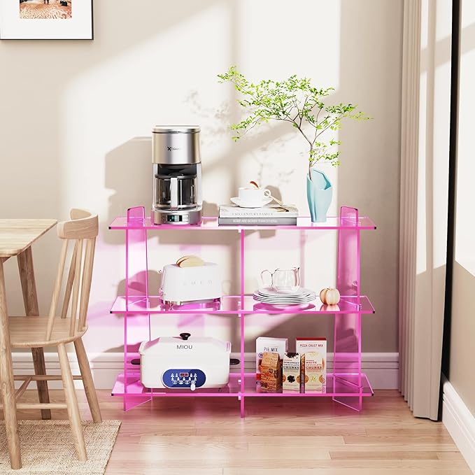 Acrylic Bookshelf, Small 3 Tier Open Bookcase for Small Spaces,Sofa Table, Hallway Entry Table for Home Living Room (Pink, 39.4'' x 11.8'' x 31.5'')-CasaMuseHome