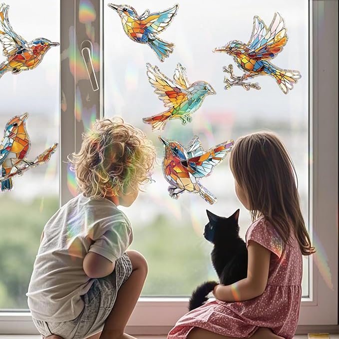 12pcs Window Decals for Bird Strikes, Anti Collision Window Clings, Rainbow Reflection Window Sticker, Hummingbird Style Sun Catcher Stickers for Glass Windows-CasaMuseHome