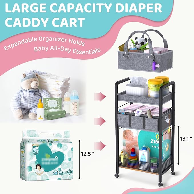 2IN1 Baby Diaper Caddy Organizer-3 Tier Rolling Storage Cart with Dividers - Bedside Diaper Caddy Cart for Baby Nursery Newborn Essentials-Mobile Utility Carts with Wheels for Changing Table-CasaMuseHome