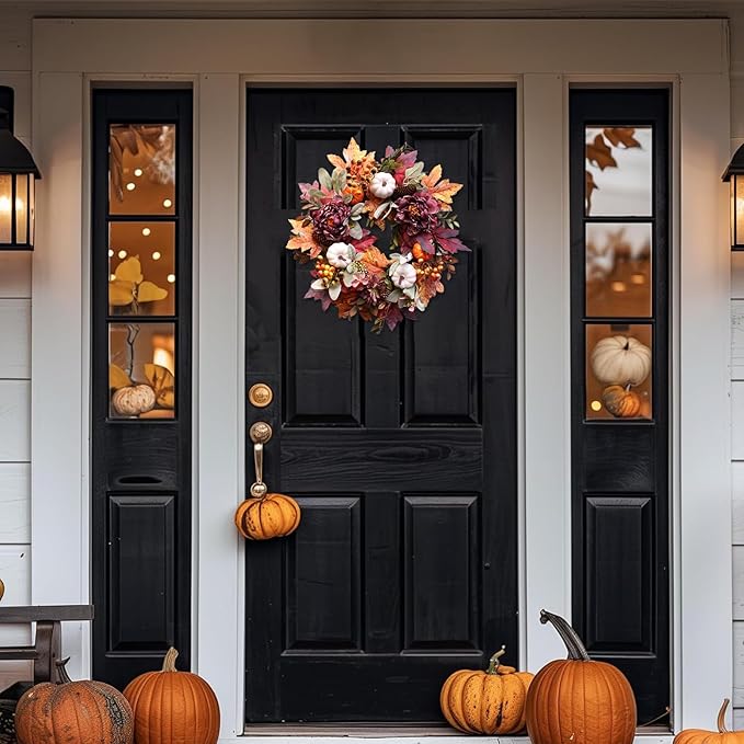 20Inch Fall Wreaths for Front Door,Fall Wreath,Fall Decorations for Home,Autumn Wreaths with White Pumpkins Peony Pine Cones, Fall Door Wreath for Thanksgiving Halloween Indoor Outdoor Decor-CasaMuseHome